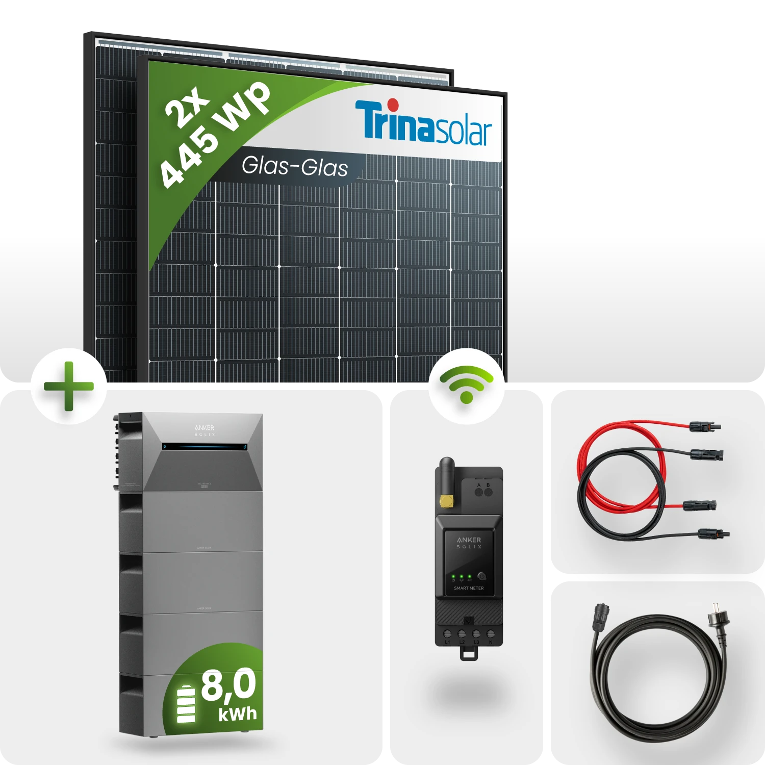 890Wp Balkonkraftwerk 8kWh Speicher Anker Solarbank 2 – 2x445Wp Trina Black Frame Monofazial