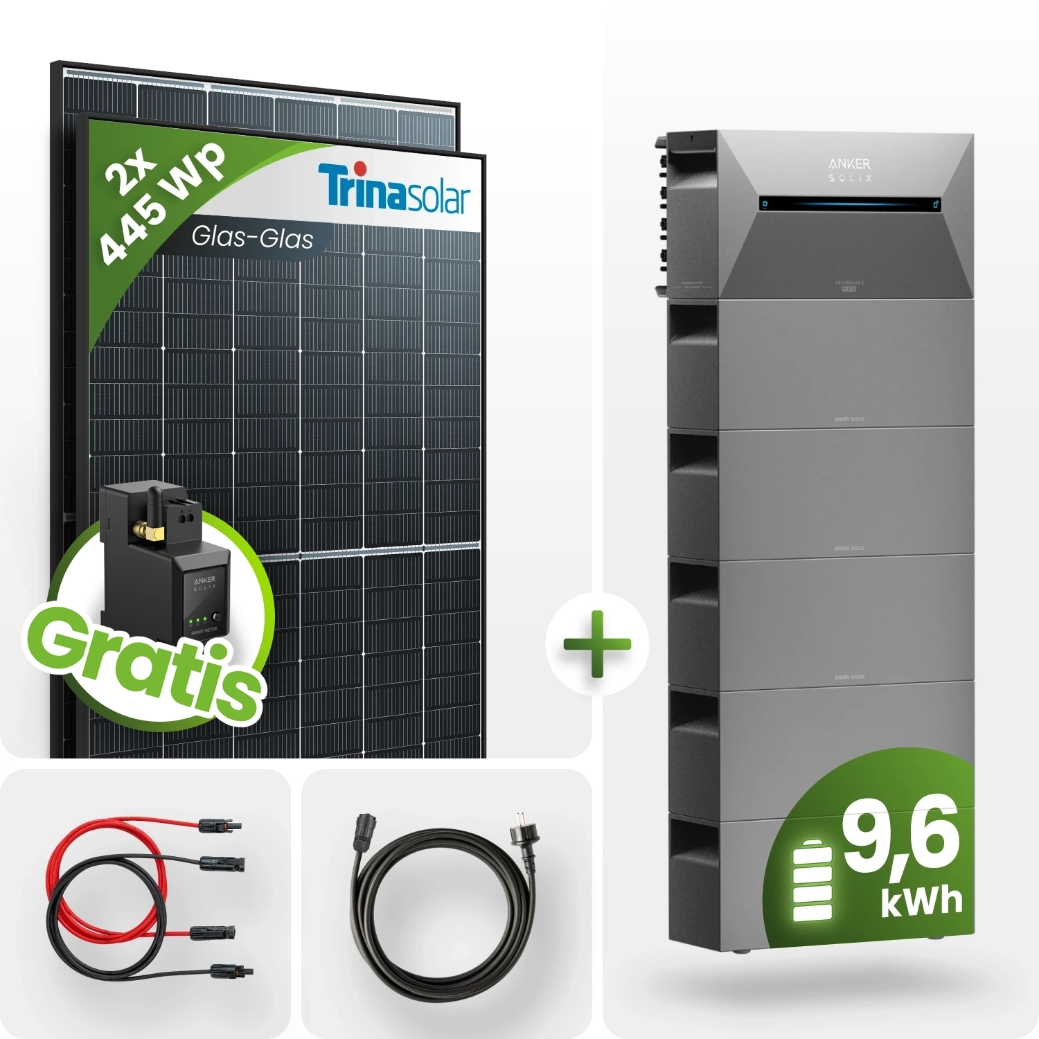 890Wp Balkonkraftwerk 9,6kWh Speicher Anker Solarbank 2 – 2x445Wp Trina Black Frame Monofazial